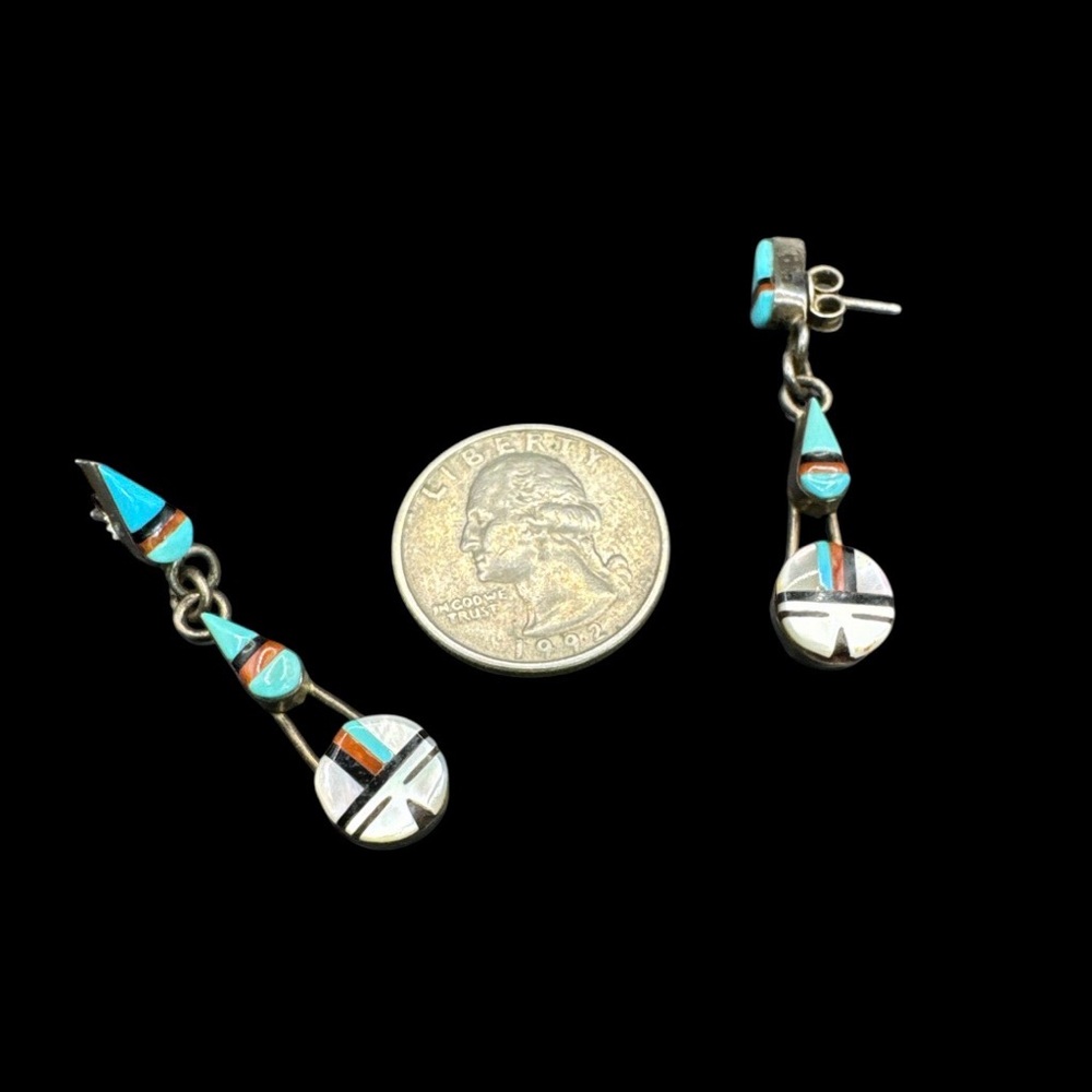 Vintage Sterling Silver Native American Zuni Pierced Earrings 1.75” - Picture 6 of 6